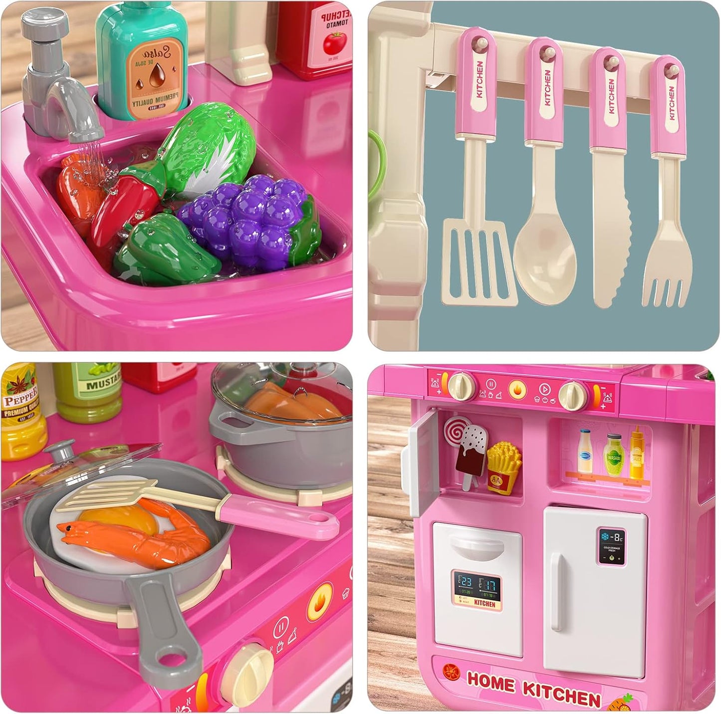 TEMI Pretend Food Kitchen Toys for Kids Ages 4-8, Kitchen Set for Toddlers 1-3, Play Kitchen Accessories w/Real Sounds Light, for Boys, Girls