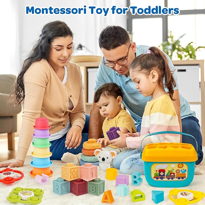 Montessori Toys for Babies Ages 6–12–18 Months with Sensory Shape Sorter Matching Game Box Stacking Cups Soft Ring, Building Blocks, Spinner Developmental Learning Toys for Toddlers 1+ Year Old