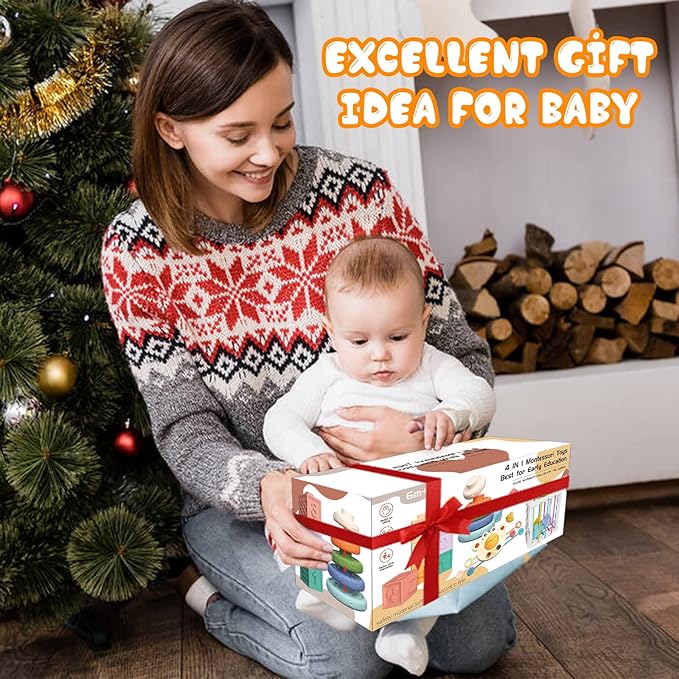 4-in-1 Baby Toys Montessori Soft Stacking Blocks for Babies, Infants Teething Toys, Sensory Balls and Educational Learning Set for Toddlers (Boys & Girls)