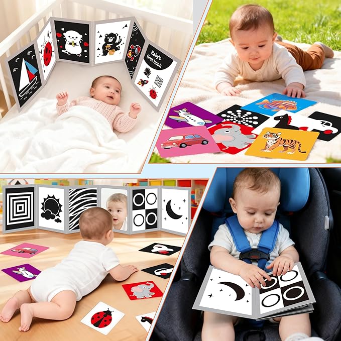Tummy Time Toys with Baby Mirror & 9 Black White Contrast Cards, High Contrast Baby Book,Newborn Toys 0-3 6 Months for Visual Stimulation, Brain Development, Tummy Time Essentials