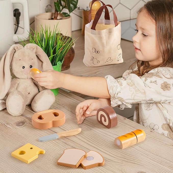 ROBOTIME Wooden Play Food Cutting Bread Set, Pretend Play Toy Food for Play Kitchen with Shopping Bag – Kids Kitchen Accessories, Wooden Bread Toys for Boys & Girls