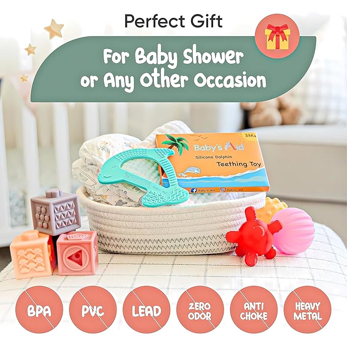 Silicone Baby Teether - Dolphin | 8 Teething Relief Textures, 100% Food-Grade, Easy to Hold & BPA Free Silicone Teethers for Babies, Baby Teething Toys, Soft Chew Toy for Babies Ages 3M+ - Baby’s Aid