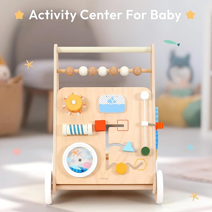 Wooden Baby Walker, Montessori Activity Center Adjustable Speed Baby Push Walker with Blocks & Shape Sorter, Learning Toy for Toddlers 1 2 3 Year Olds