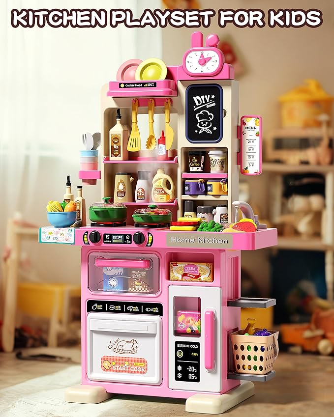 33.8IN - 70PCS Kids Kitchen Playset with Sound & Light - Cooking Stove with Steam, Play Sink and Toy Kitchen Accessories - Pretend Kitchen Play Food Toys for Kids Boys Girls - Toddler Play Kitchen Set