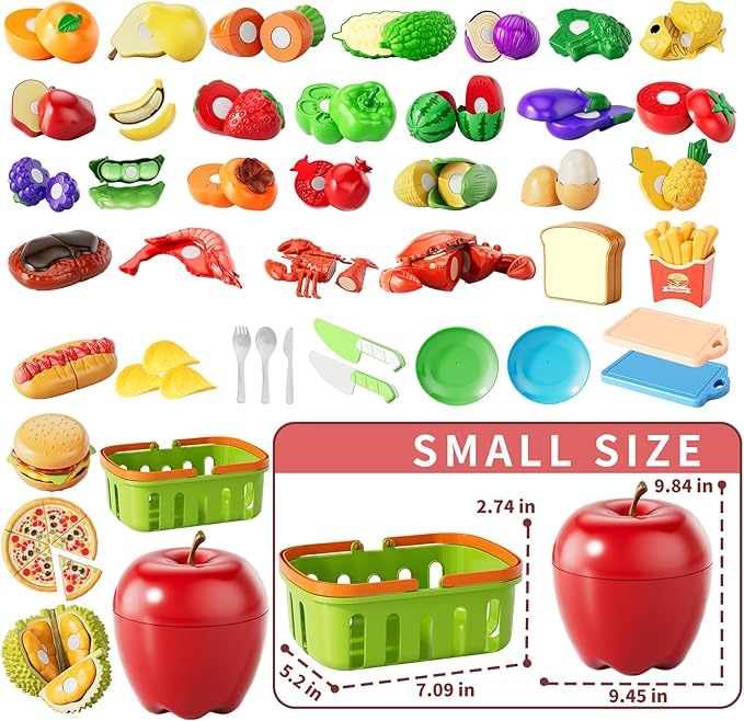 Play Food Set for Kids, Toddler Learning Toys, Cutting Food Toy Color Sorting Set, Pretend Food Play Kitchen Accessories for Kids, Birthday Gifts for 3-8 Years old Boys Girls Educational Toys