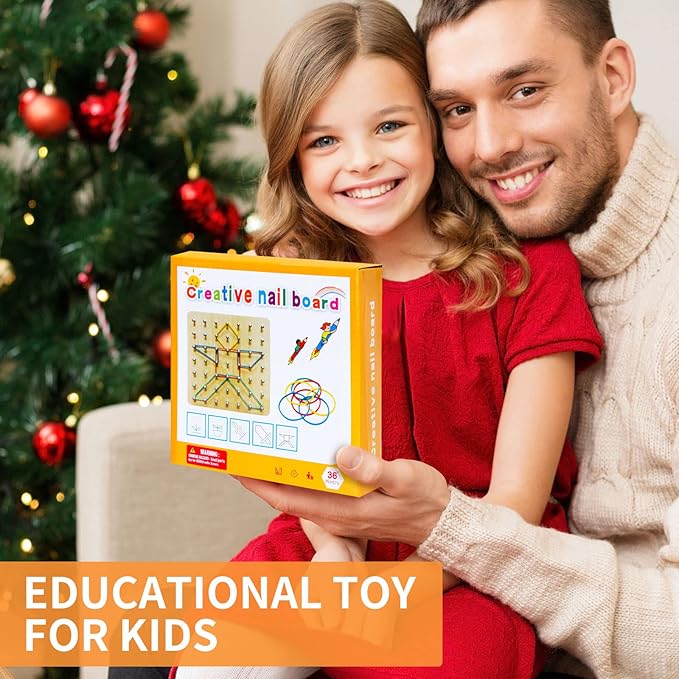 HEELWIRE Wooden Geoboard,Montessori Toy,Graphical Mathematical Education Toy for Kids with Pattern Cards and Rubber Bands to Figures and Shapes, Brain Teaser STEM Toy Geo Board (6 * 6 * 0.6 in)