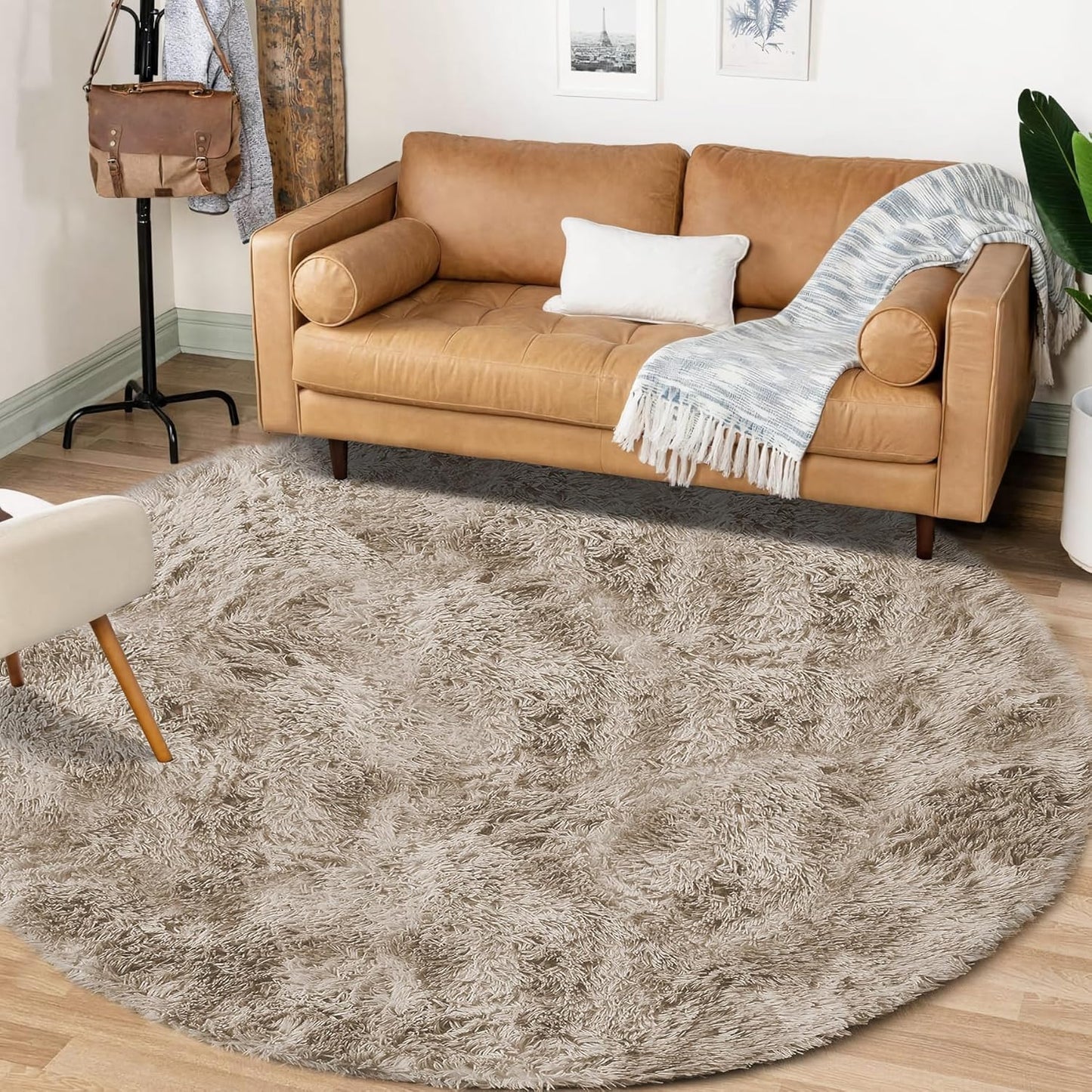 4FT Round Rug for Bedroom: Fluffy Shag Soft Washable Rugs Circle Small Fuzzy Plush Indoor Carpet for Living Room Nursery Playroom Dorm Kids Girls Boys Room (Camel, 4'x4')