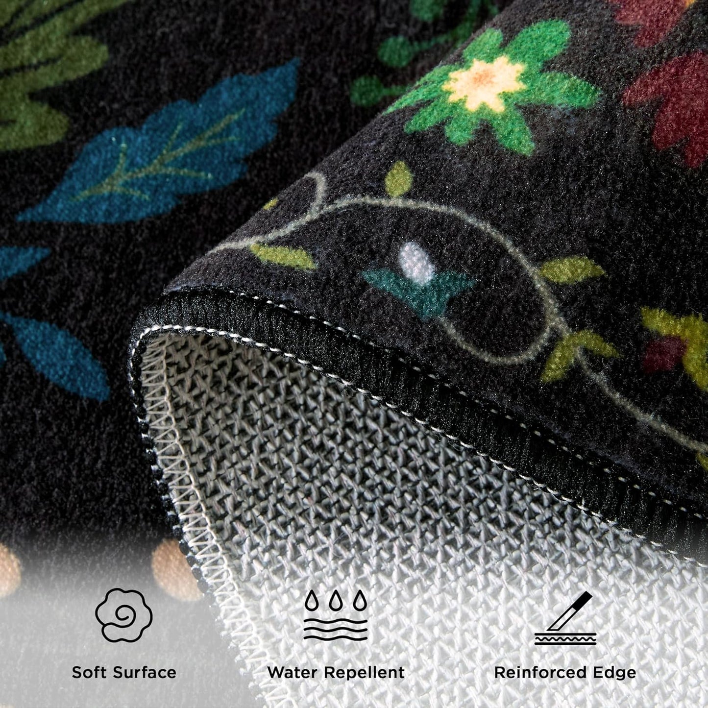 2x3 Washable Rug for Entryway, Floral Soft Small Area Rug, Non Slip Doormat Indoor Entrance Carpet, Flower Low Pile Front Door Throw Rug for Bedroom, Kitchen, Laundry, Bathroom, Black