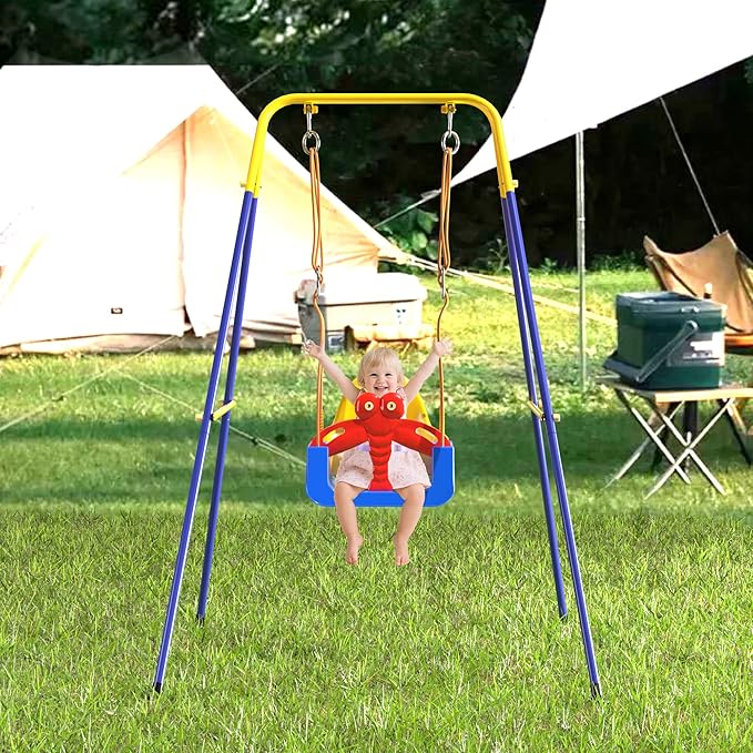 3-in-1 Toddler Swing Set, Baby Swing with Safety Belt, Indoor/Outdoor, Easy to Assemble Kids Swing Seat with Sturdy Metal Stand for Playground, Backyard and Nursery, Blue Yellow