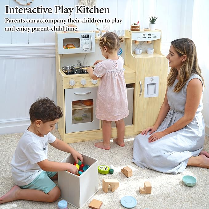 Wooden Play Kitchen set for Toddlers and Kids with Storage System,Ice Maker,Fridge,Coffee Machine,Oven,Microwave,Pretend Kitchen set for Small Spaces, Toy Kitchen Gift for Boys and Girls 3-5