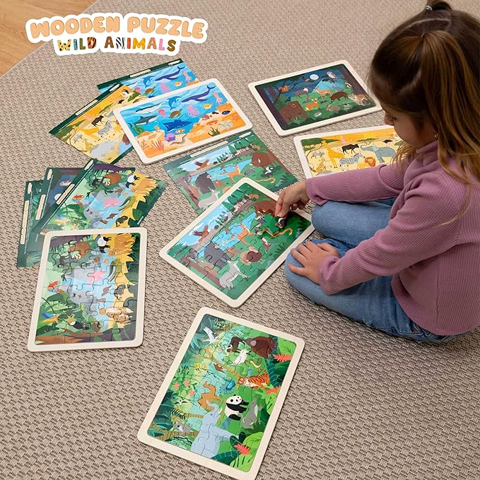 BONNYCO Wooden Puzzles for Kids Ages 4-6 and 3-5. Set of 6 Jigsaw Puzzles 24 Pieces with Board, Animals from Diverse Ecosystems. Educational Toys, Learning Gifts for Boys, Girls
