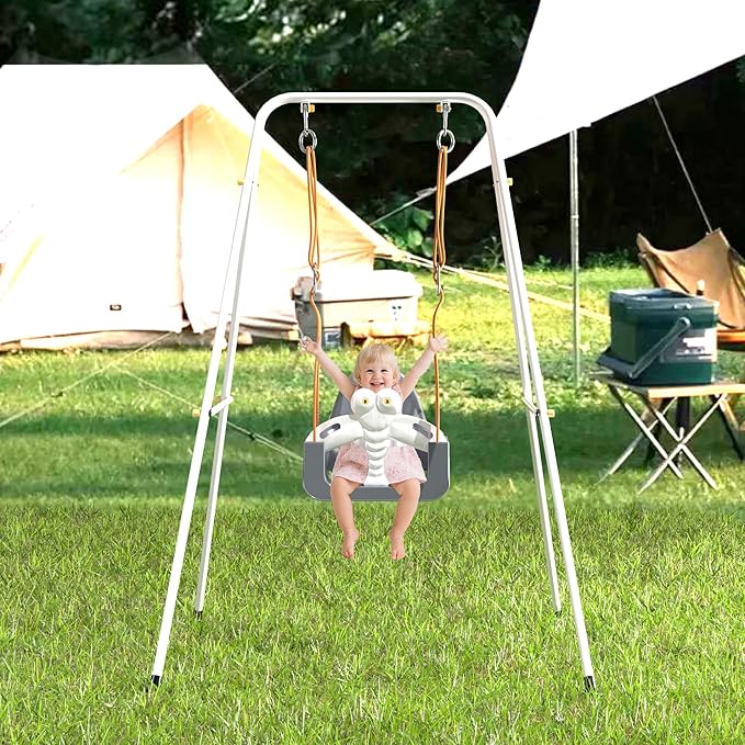 3-in-1 Toddler Swing Set, Baby Swing with Safety Belt, Indoor/Outdoor, Easy to Assemble Kids Swing Seat with Sturdy Metal Stand for Playground, Backyard and Nursery, Gray White