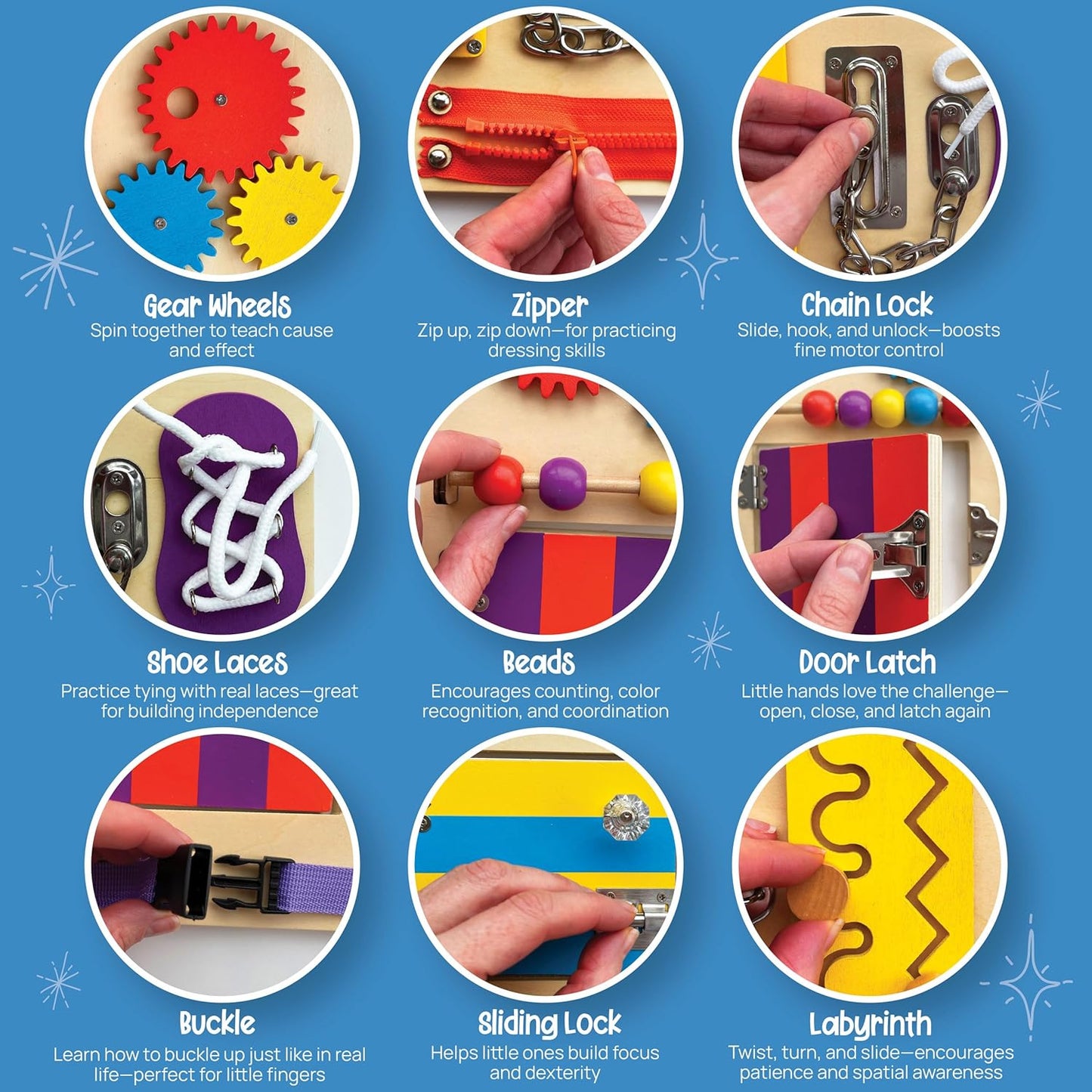 Montessori Busy Board for Toddlers - Safe, Durable Sensory Activity Board with Locks, Shoelaces & More - Perfect Educational Toy Built for Growth & Travel - 36 Months & Up - Color Edition