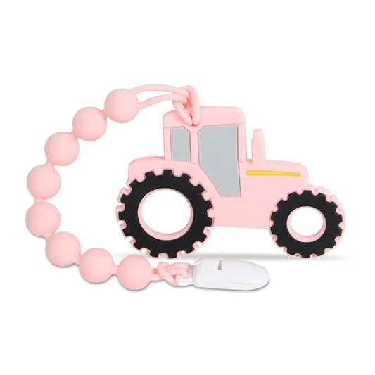 Baby Tractor Teething Toys,Food Grade Silicone Teether with One-Piece Pacifier Clip Holder,Baby Gift,Highly Effective Pain Relief for 3 Months+ Boy and Girl,BPA Free,Freezer Safe. (Pink)