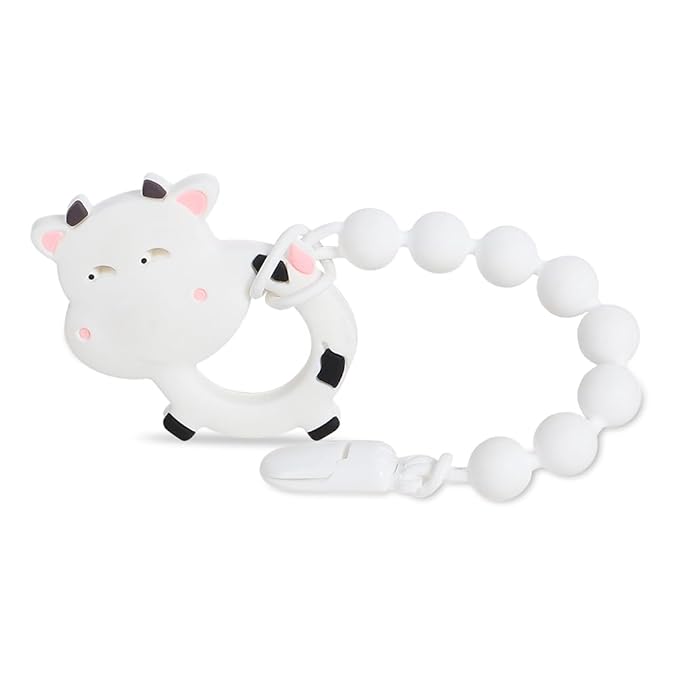 Baby Teething Toys,Food Grade Silicone Teether with One-Piece Pacifier Clip Holder,Shower Gift,Highly Effective Pain Relief for 3 Months+ Boy and Girl,BPA Free,Freezer Safe. (White Cow)