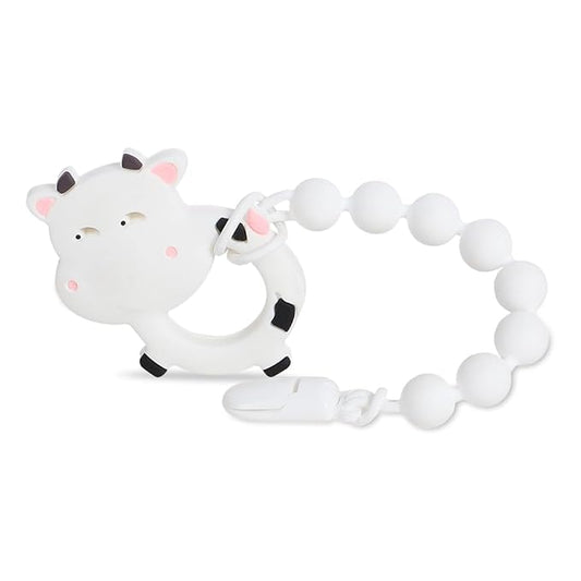 Baby Teething Toys,Food Grade Silicone Teether with One-Piece Pacifier Clip Holder,Shower Gift,Highly Effective Pain Relief for 3 Months+ Boy and Girl,BPA Free,Freezer Safe. (White Cow)