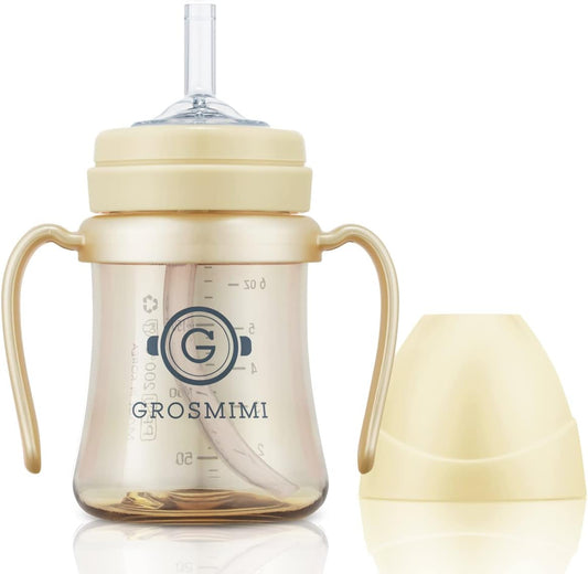 GROSMIMI Spill Proof no Spill Magic Sippy Cup with Straw with Handle for Baby and Toddlers, Customizable, PPSU, BPA Free 6 oz (Butter)