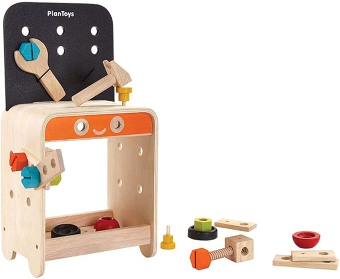 PlanToys® Wooden Tool Bench for Kids | Pretend Play Construction Toy with Tools & Accessories | Educational STEM Toy for Toddlers | Montessori Fine Motor Skills Workbench Playset