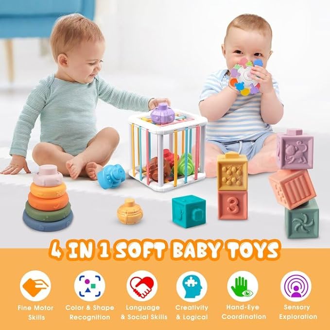4-in-1 Baby Toys Montessori Soft Stacking Blocks for Babies, Infants Teething Toys, Sensory Balls and Educational Learning Set for Toddlers (Boys & Girls)