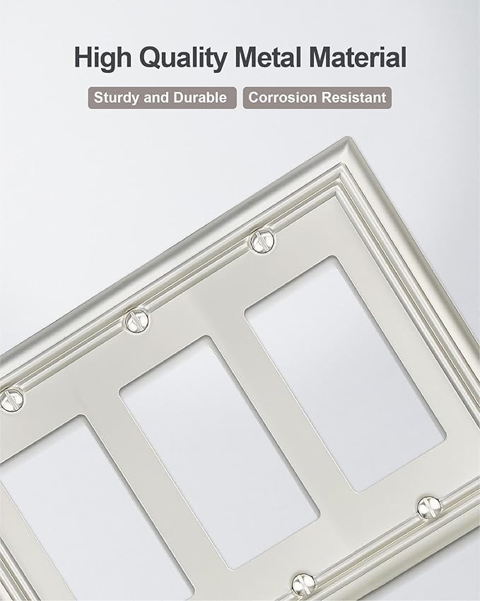 1-Pack Triple Decorator Wall Plate, Metal Electrical Outlet Cover for Receptacles, Dimmer Switches, GFCI Outlets, Satin Nickcel, Midsize, 6.77''*4.88''