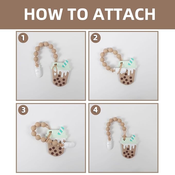 Baby Food Grade Silicone Teether Toy with One Piece Design Pacifier Clip Holder,Teething Toys Gift Set for 3 Months+ Boys and Girls,Freezer Safe,BPA Free. (Bubble Tea)