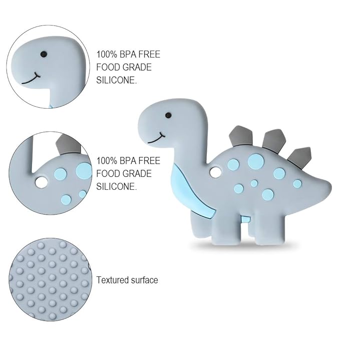 Baby Food Grade Silicone Teether Toy with Pacifier Clip Holder,Teething Toys Gift Set for 3 Months+ Boys and Girls,Freezer Safe,BPA Free. (Gray Dinosaur)