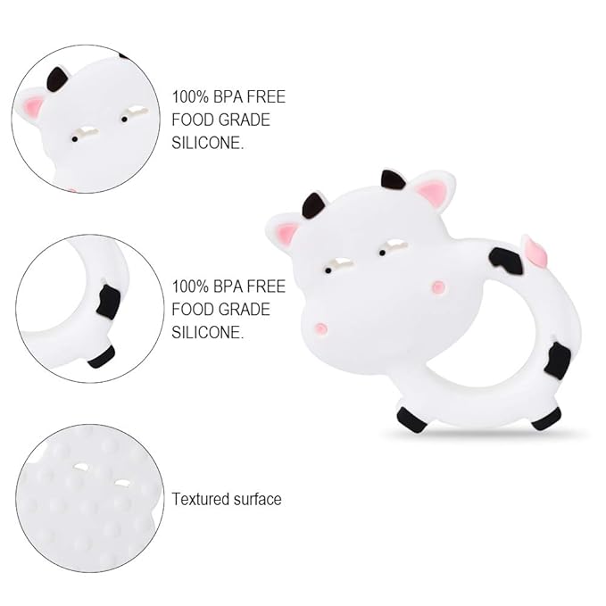 Baby Food Grade Silicone Teether Toy with Pacifier Clip Holder,Teething Toys Gift Set for 3 Months+ Boys and Girls,Freezer Safe,BPA Free. (Cow)