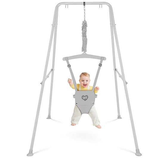 Baby Jumper with Stand, Infant Jumper for Indoor/Outdoor Play, Jumper for Baby 6-24 Months, Baby Jumpers and Bouncers with Adjustable Chain, Easy to Assemble & Store (Grey)