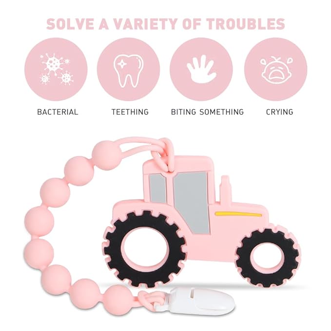 Baby Tractor Teething Toys,Food Grade Silicone Teether with One-Piece Pacifier Clip Holder,Baby Gift,Highly Effective Pain Relief for 3 Months+ Boy and Girl,BPA Free,Freezer Safe. (Pink)