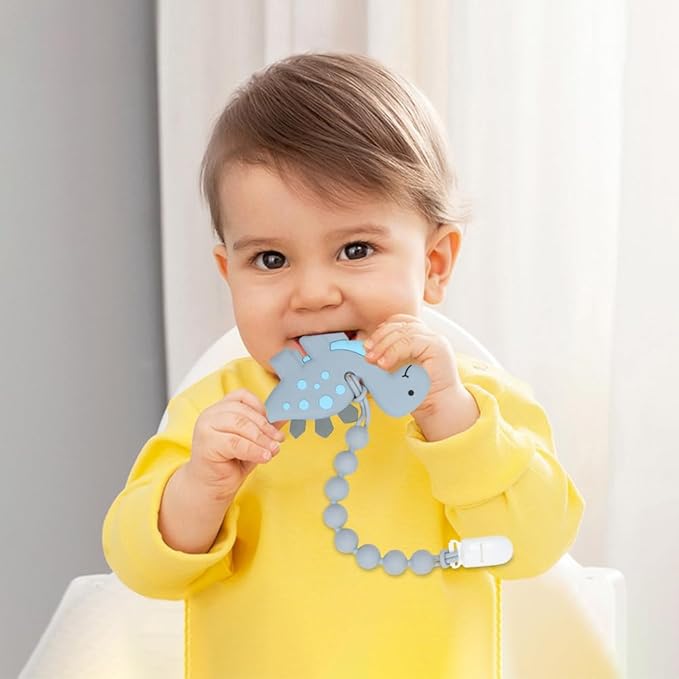 Baby Food Grade Silicone Teether Toy with Pacifier Clip Holder,Teething Toys Gift Set for 3 Months+ Boys and Girls,Freezer Safe,BPA Free. (Gray Dinosaur)