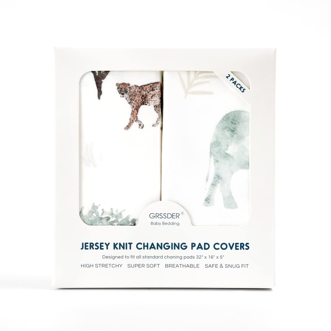 GRSSDER Stretch Ultra Soft Jersey Knit Changing Pad Cover Set 2 Pack, Change Table Pad Covers Fit 32"/34" x 16" Pads Safe and Snug, Stylish Pattern for Boys and Girls, African Savannah Animals