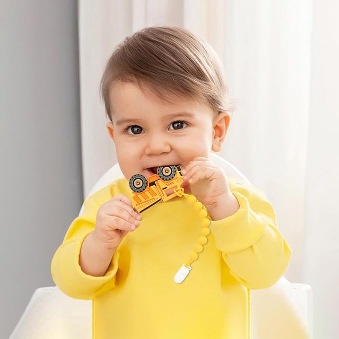Baby Food Grade Silicone Carrier Vehicle Teether Toy with Pacifier Clip Holder,Teething Toys Gift Set for 3 Months+ Boys and Girls,Freezer Safe,BPA Free. (Dump Truck)
