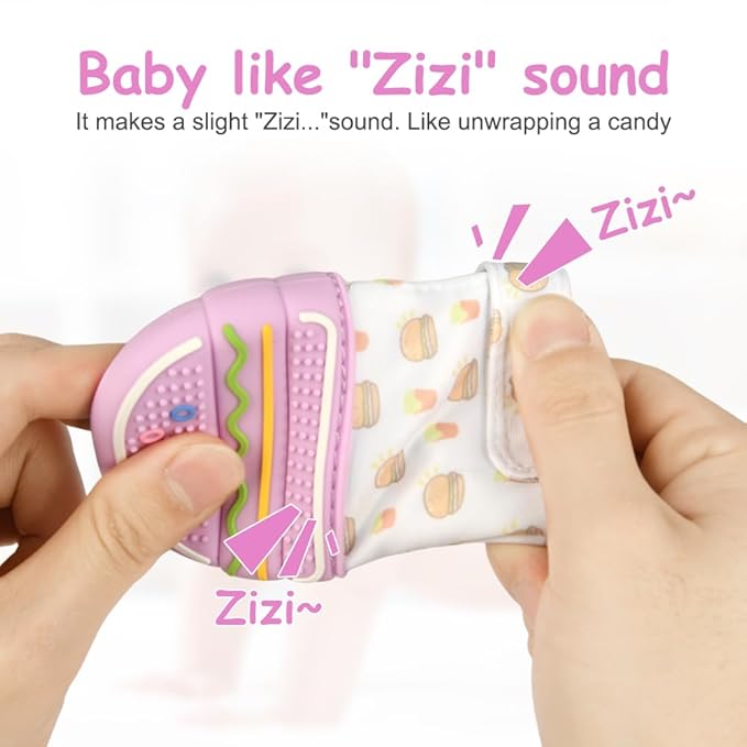 2Pack Silicone Teething Mitt, Hamburger Baby Teething Toy for 0-6 6-12 Months, Food Grade Silicone Infant Teething Mitten, BPA-Free Baby Chew Toys for Pain Relief, Sucking Needs