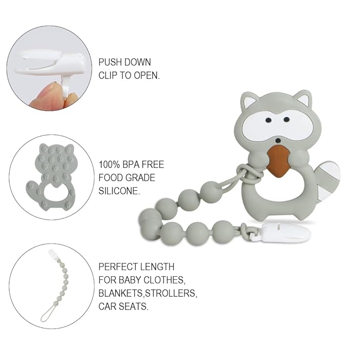 Baby Teething Toys,Food Grade Silicone Teether with One-Piece Pacifier Clip Holder,Shower Gift,Highly Effective Pain Relief for 3 Months+ Boy and Girl,BPA Free,Freezer Safe. (Gray Raccoon)