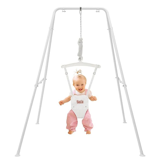 FUNLIO Baby Jumper with Stand for 6-24 Months, Toddler Jumper for Baby Girl/Boy, Infant Jumper for Indoor/Outdoor Play, with Adjustable Chain, Easy to Assemble & Store (with Stand) - White