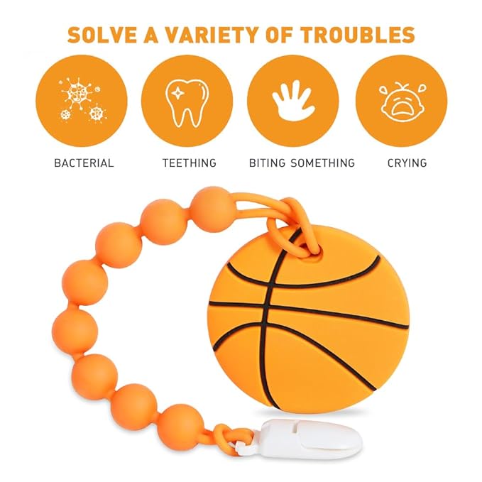 Baby Sports Ball Teething Toys,Food Grade Silicone Teether with One-Piece Pacifier Clip Holder,Shower Gift,Teething Pain Relief for 3 Months+ Boy and Girl,BPA Free,Freezer Safe. (Basketball)