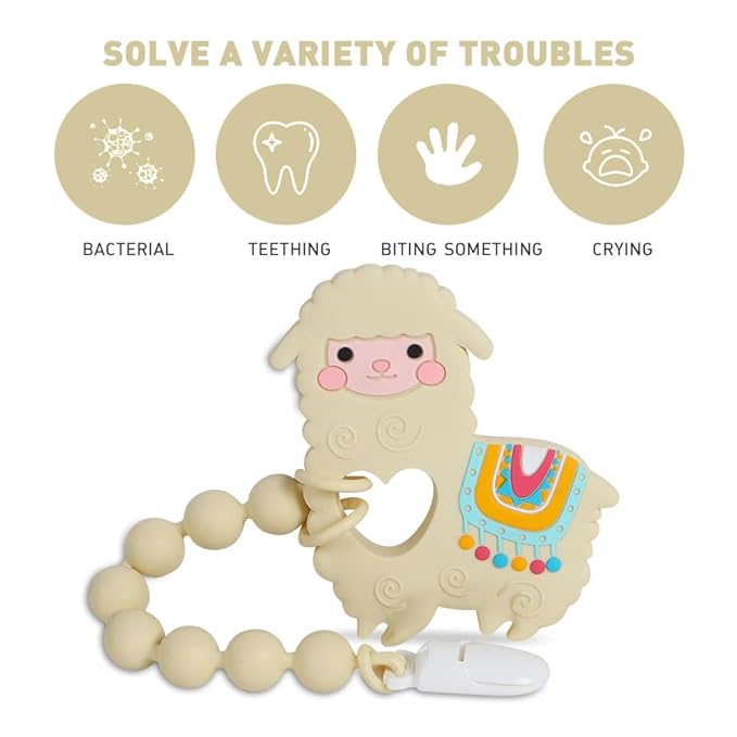 Baby Teething Toys,Food Grade Silicone Teether with One-Piece Pacifier Clip Holder,Shower Gift,Highly Effective Pain Relief for 3 Months+ Boy and Girl,BPA Free,Freezer Safe. (Yellow Llama)