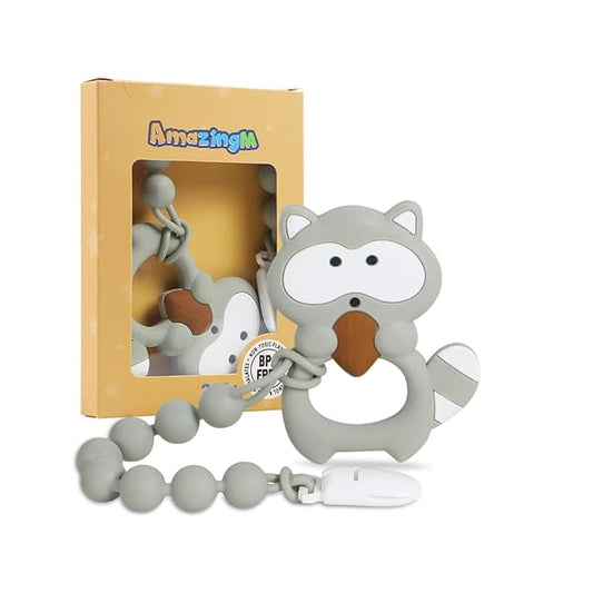 Baby Food Grade Silicone Teether Toy with One Piece Design Pacifier Clip Holder,Teething Toys Gift Set for 3 Months+ Boys and Girls,Freezer Safe,BPA Free. (Gray Raccoon)