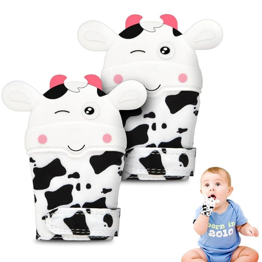 2Pack Silicone Teething Mitt, Cow Baby Teething Toy for 0-6 6-12 Months, Food Grade Silicone Infant Teething Mitten, BPA-Free Baby Chew Toys for Pain Relief, Sucking Needs