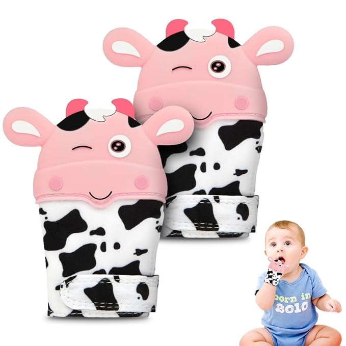 2Pack Silicone Teething Mitt, Cow Baby Teething Toy for 0-6 6-12 Months, Food Grade Silicone Infant Teething Mitten, BPA-Free Baby Chew Toys for Pain Relief, Sucking Needs