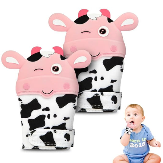 2Pack Silicone Teething Mitt, Cow Baby Teething Toy for 0-6 6-12 Months, Food Grade Silicone Infant Teething Mitten, BPA-Free Baby Chew Toys for Pain Relief, Sucking Needs