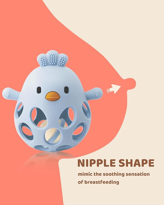 2-in-1 Baby Teething Rattle Toy, Sensory Grasping Teether for Infants 3-12 Months, 100% Food-Grade Silicone, Easy to Hold, Soothing & Developmental, BPA Free