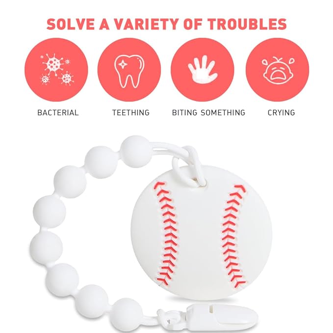Baby Sports Ball Teething Toys,Food Grade Silicone Teether with One-Piece Pacifier Clip Holder,Shower Gift,Teething Pain Relief for 3 Months+ Boy and Girl,BPA Free,Freezer Safe. (Baseball)