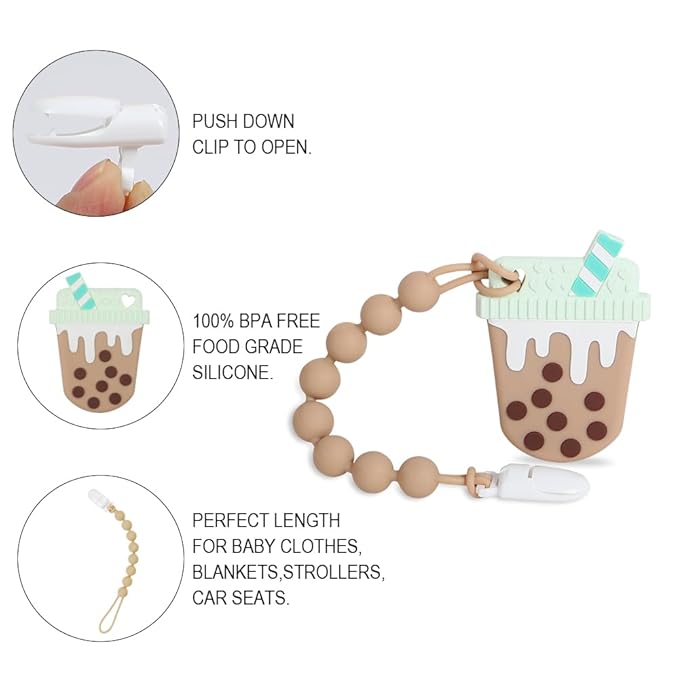 Baby Teething Toys,Food Grade Silicone Teether with One-Piece Pacifier Clip Holder,Shower Gift,Highly Effective Pain Relief for 3 Months+ Boy and Girl,BPA Free,Freezer Safe. (Bubble Tea Cup)