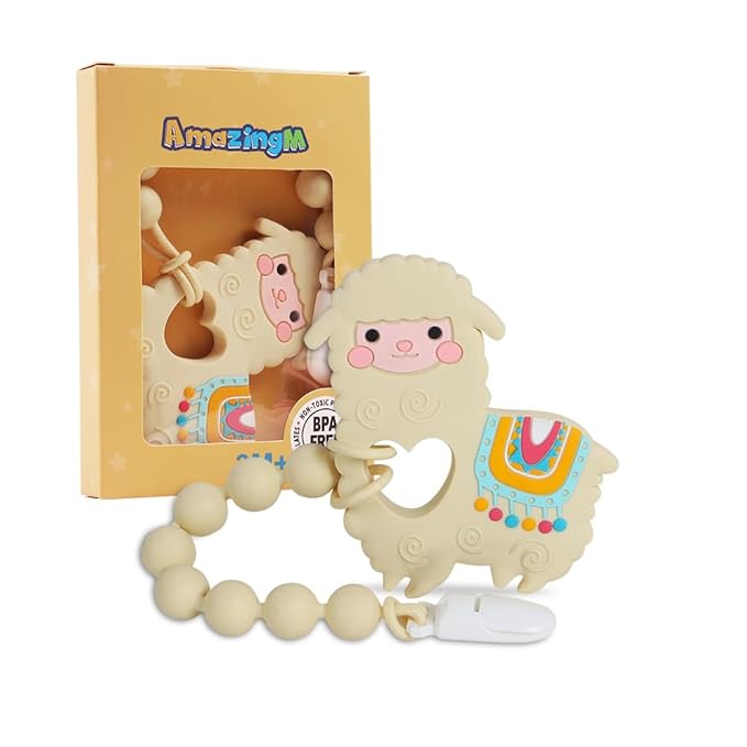 Baby Food Grade Silicone Teether Toy with Pacifier Clip Holder,Teething Toys Gift Set for 3 Months+ Boys and Girls,Freezer Safe,BPA Free. (Yellow Llama)