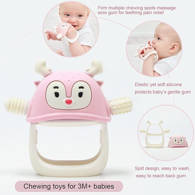 Smily Mia Baby Teething Toy |Penguin Teether for 0-6Months |Reindeer Baby Chew Toys for 3m+, Soft Silicone Hand Teether |Teething Mitten for Teeth Pain Relief, Newborn Essentials Gift Box, Light Pink