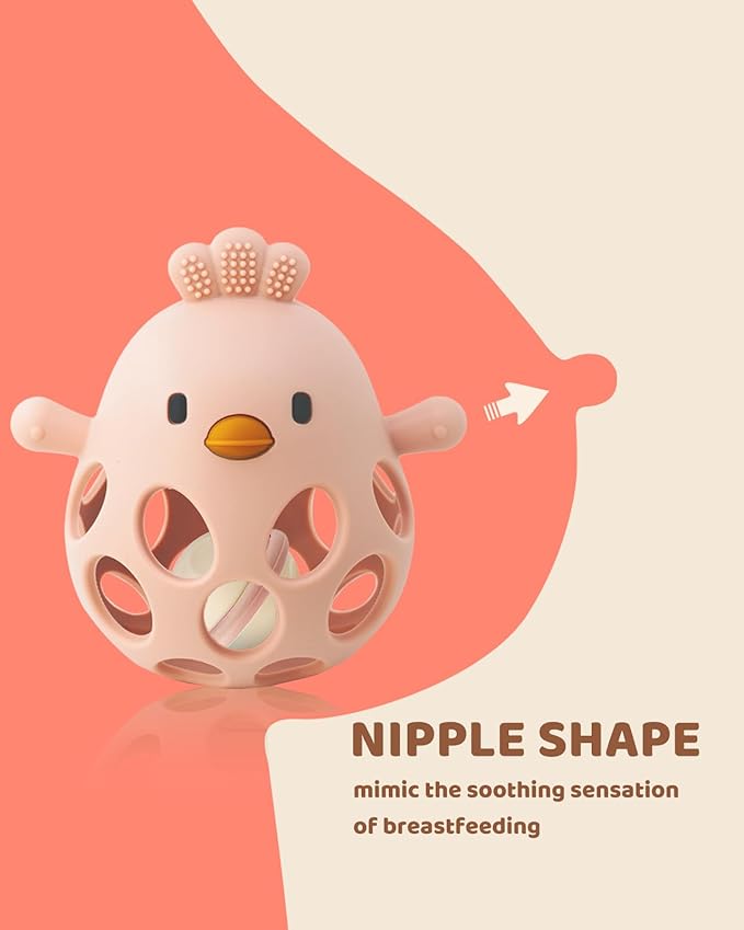 2-in-1 Baby Teething Rattle Toy, Sensory Grasping Teether for Infants 3-12 Months, 100% Food-Grade Silicone, Easy to Hold, Soothing & Developmental, BPA Free