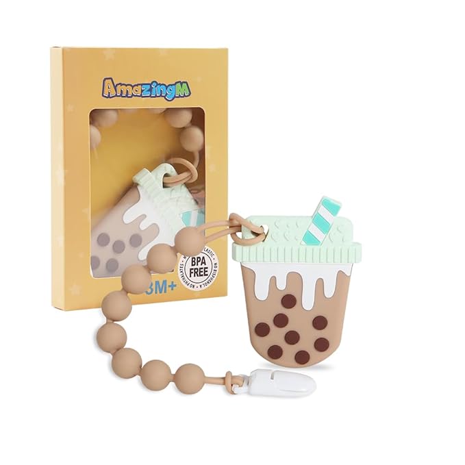 Baby Food Grade Silicone Teether Toy with One Piece Design Pacifier Clip Holder,Teething Toys Gift Set for 3 Months+ Boys and Girls,Freezer Safe,BPA Free. (Bubble Tea)