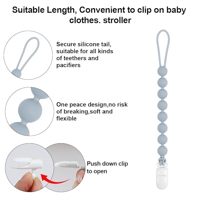 Baby Food Grade Silicone Teether Toy with Pacifier Clip Holder,Teething Toys Gift Set for 3 Months+ Boys and Girls,Freezer Safe,BPA Free. (Gray Dinosaur)