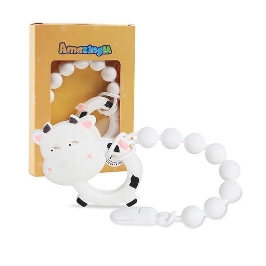 Baby Food Grade Silicone Teether Toy with Pacifier Clip Holder,Teething Toys Gift Set for 3 Months+ Boys and Girls,Freezer Safe,BPA Free. (Cow)